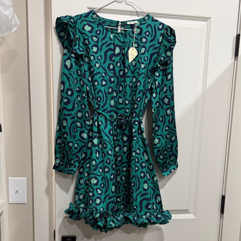 JODIFL Teal and Navy Leopard-Print Long-Sleeve Ruffle Dress